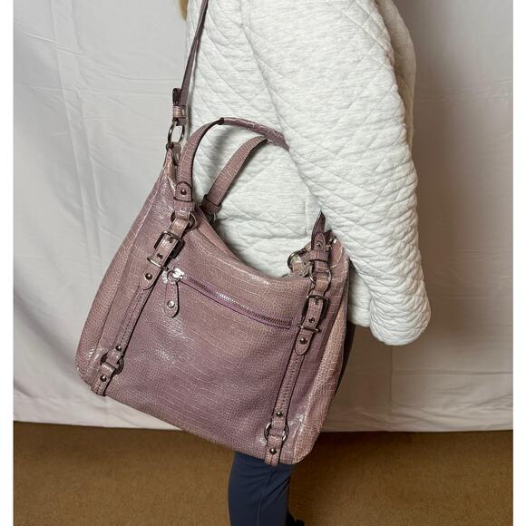 Coach Croc Embossed Leather Shoulder Bag Pink Lilac Size Large - Picture 2 of 9
